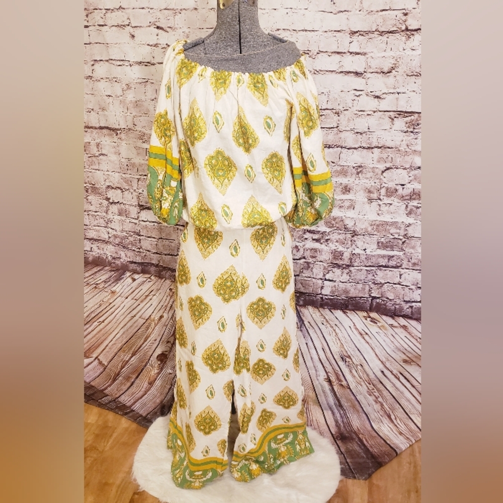 NWT Haute Hippie Boho Print Wide Leg Pants and Matching Peasant Top Small